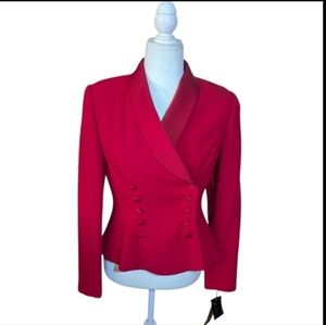 Red Crepe Double-Breasted Peplum Blazer Covered Buttons Satin Lapels NWT Sz 4
